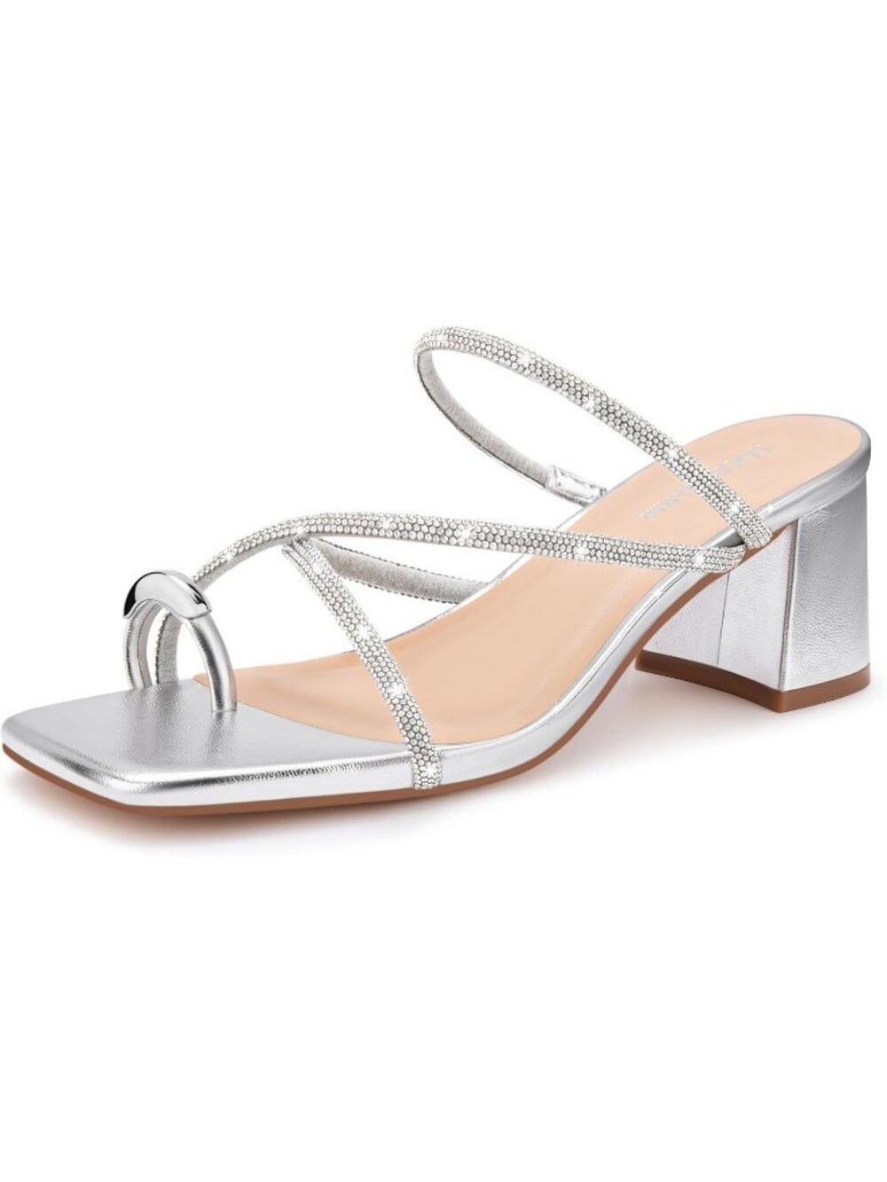 Women's Silver Rhinestone Mule Square Toe Ring Strappy Chunky Stylish Block Heel